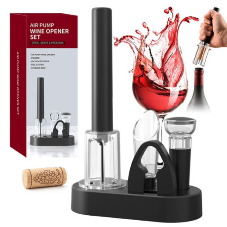 סט אביזרי יין ופותחן פנאומטי ומעמד תואם