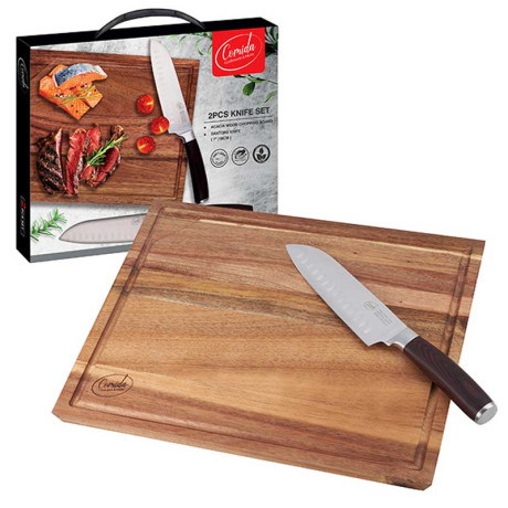 סט קרש חיתוך בוצ'ר וסכין סנטוקו 