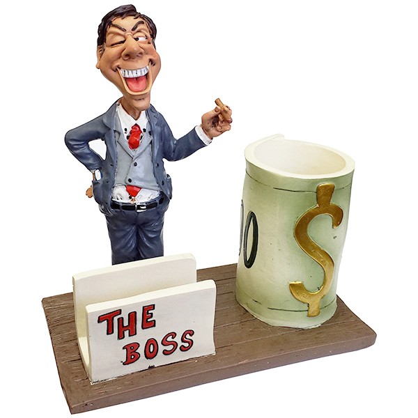 מעמד פסל איש עסקים עם כוס לעטים ומעמד כרטיסי ביקור